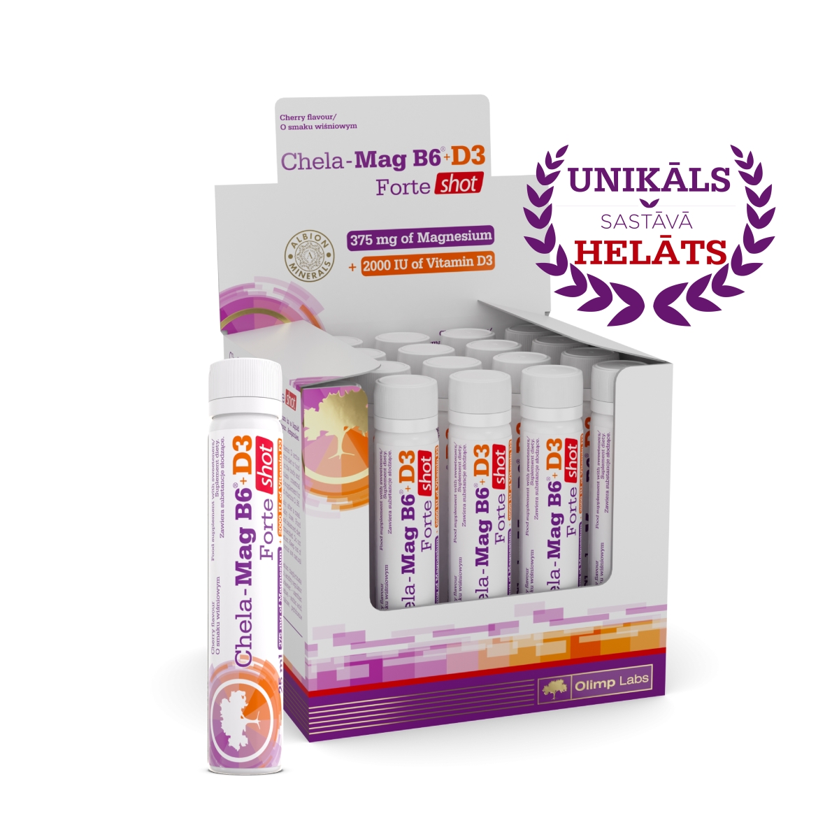 OlLIMP LABS® Chela-Mag® B6 + D3 Forte shot 375mg magnijs +  D3 2000 SV (ķiršu garša), 20 gab. - Produkta attēls