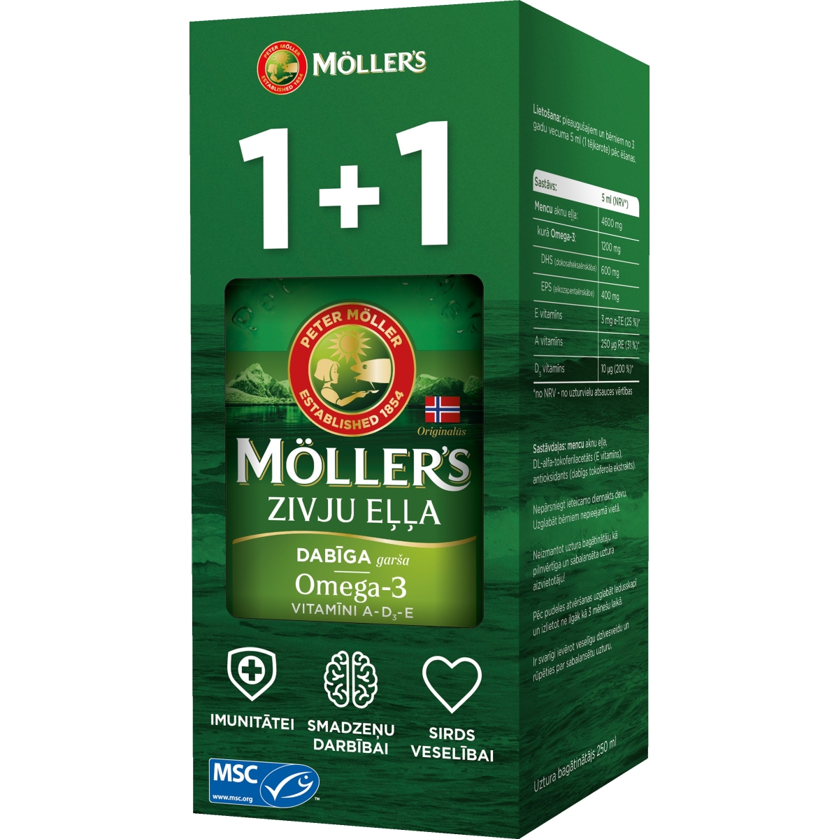 MOLLERS zivju eļļa (dabīga garša) 250 ml 1+1 - Produkta attēls