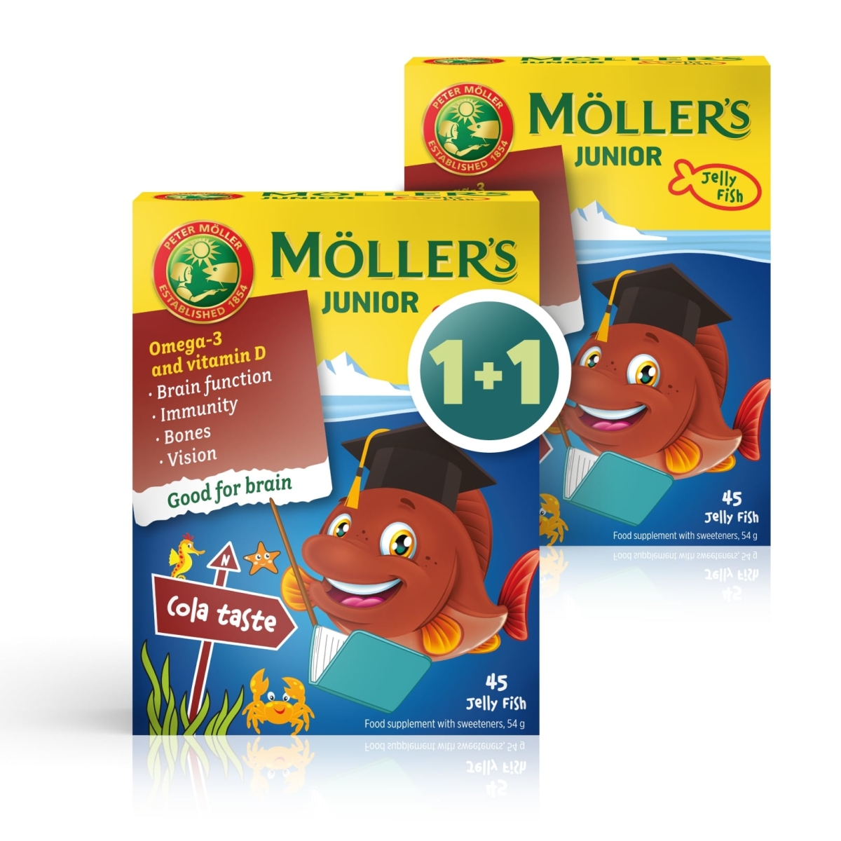 MOLLERS Junior Omega-3 košļājamās pastilas ar kolas garšu 45 gab. + 45