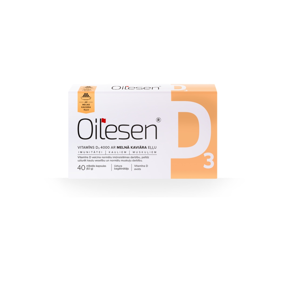 OILESEN® D3 vitamīns (4000 IU) ar mellnā kaviāra eļļu kapsulas, 40 gab - Produkta attēls