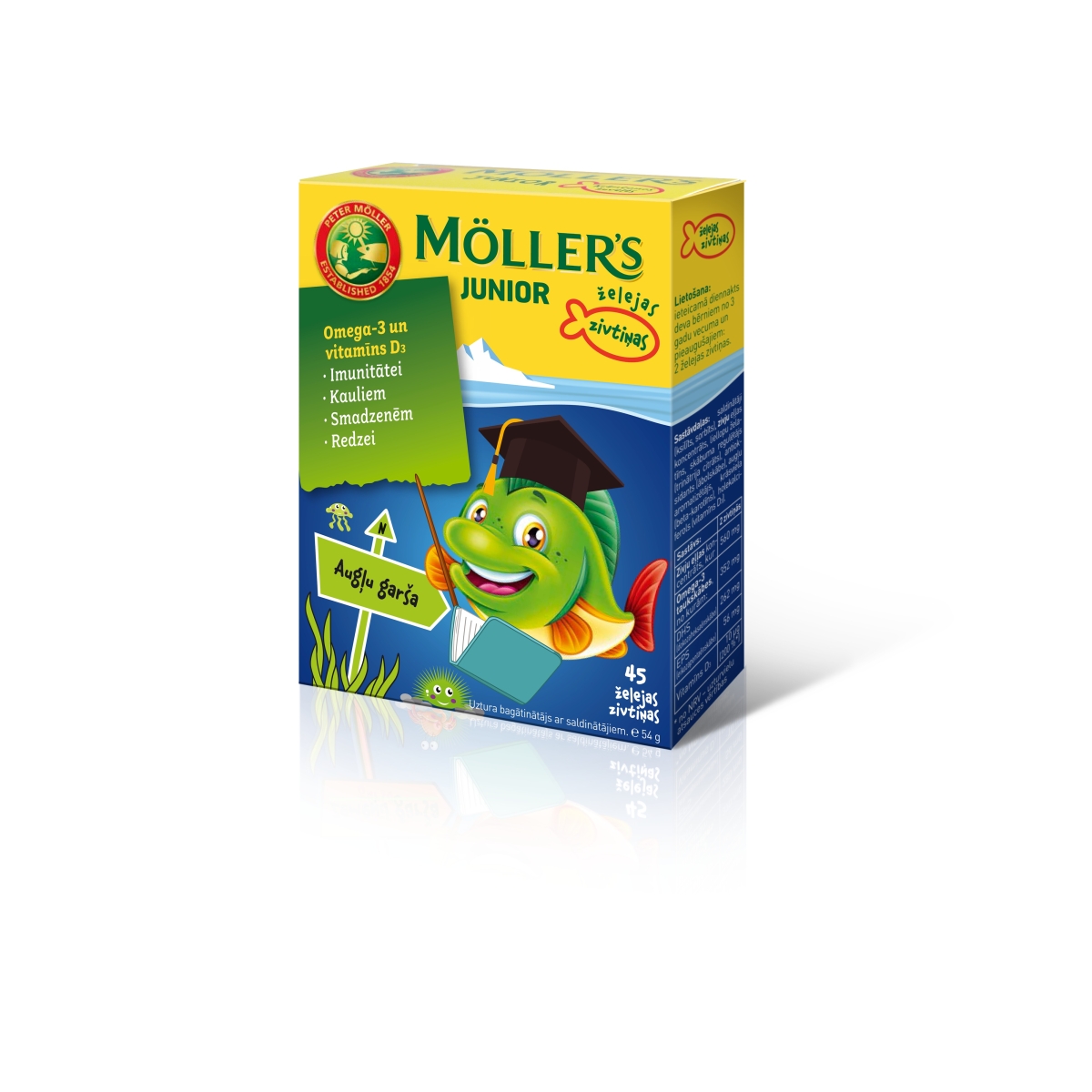 MOLLERS Junior Omega-3 zivtiņu pastilas ar augļu garšu, 45 gab.