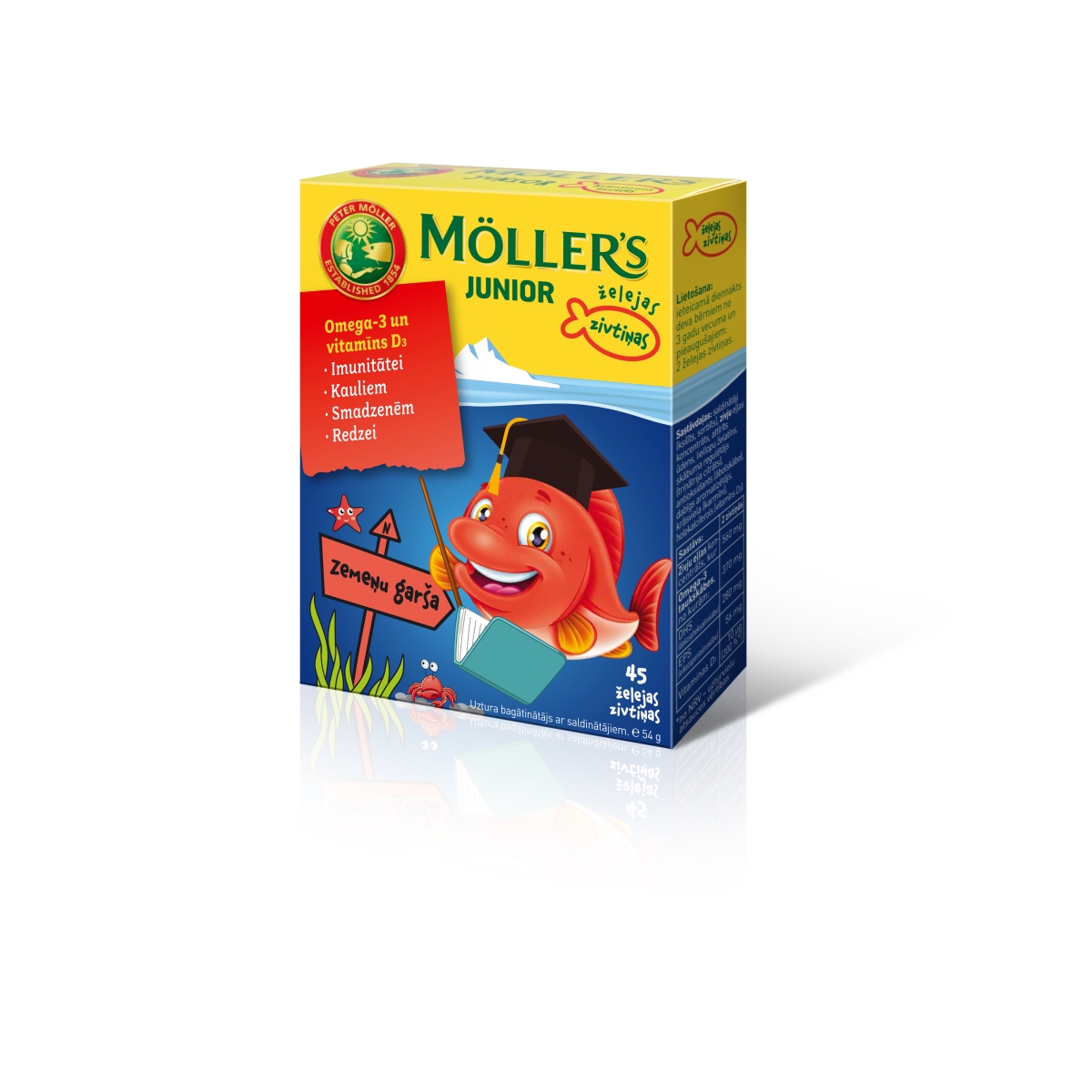 MOLLERS Junior Omega-3 zivtiņu pastilas ar zemeņu garšu, 45 gab.