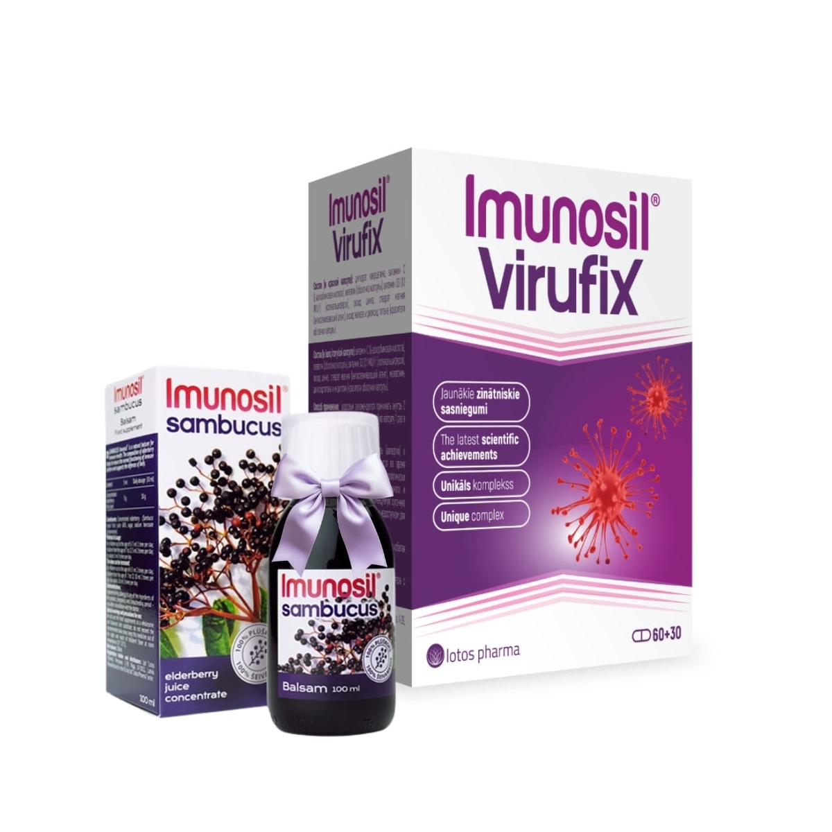 IMUNOSIL Sambucus balzams, 100 ml + IMUNOSIL Virufix kapsulas, 60 gab + 30 gab - Produkta attēls