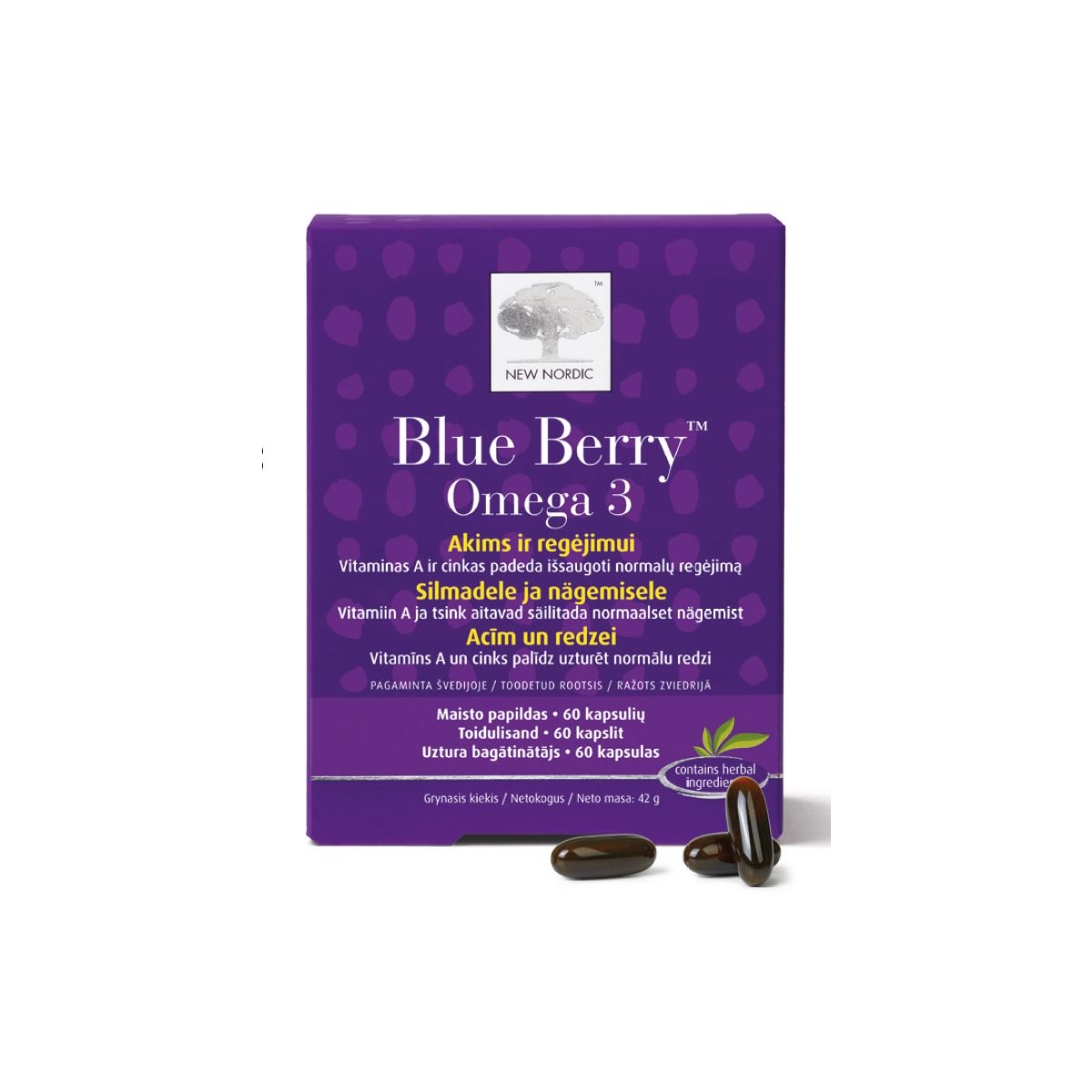 NEW NORDIC Blue Berry Omega 3 kapsulas, 60 gab. - Produkta attēls