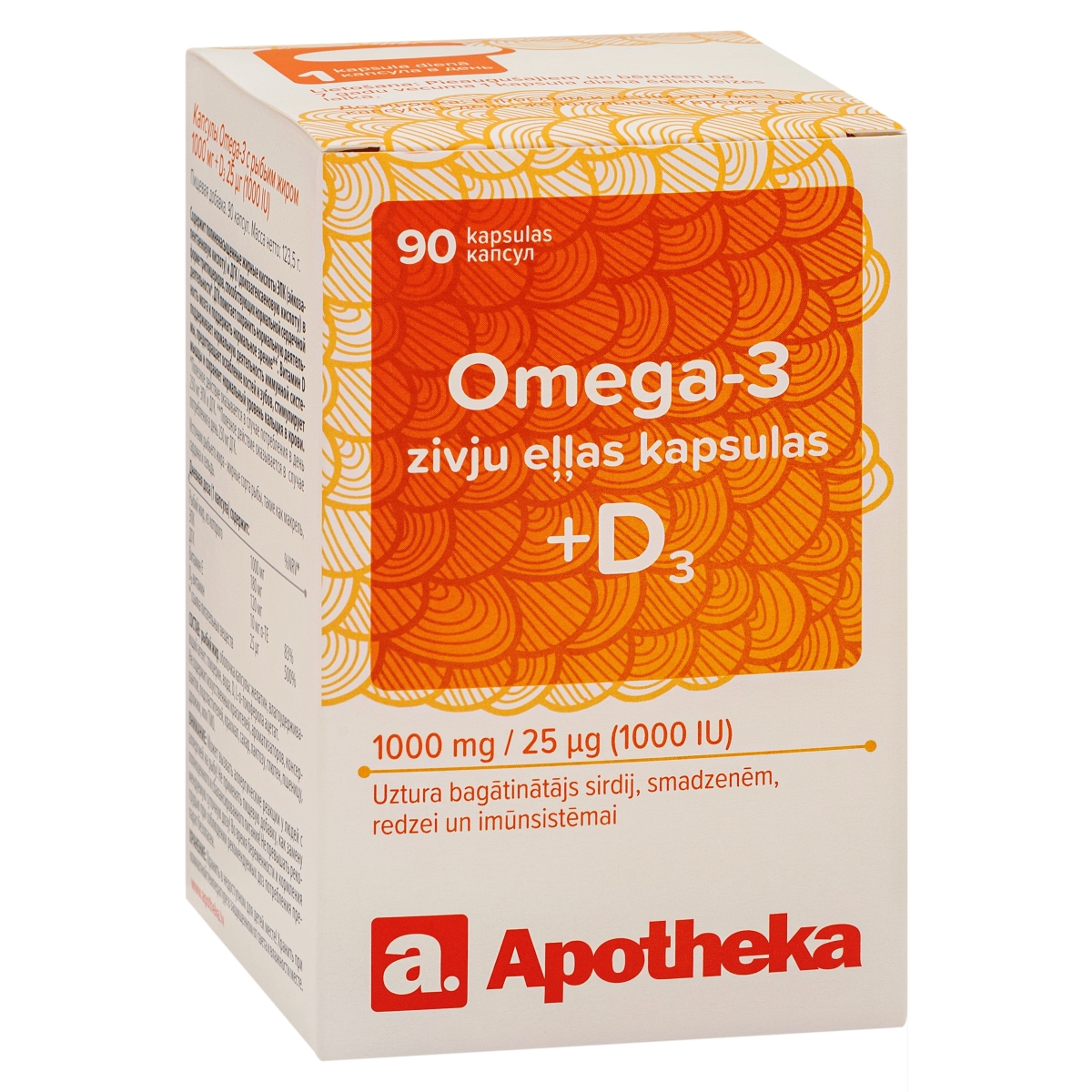 APOTHEKA Omega-3 zivju eļļa 1000 mg D3 vitamīns 1000IU kapsulas, 90 gab.