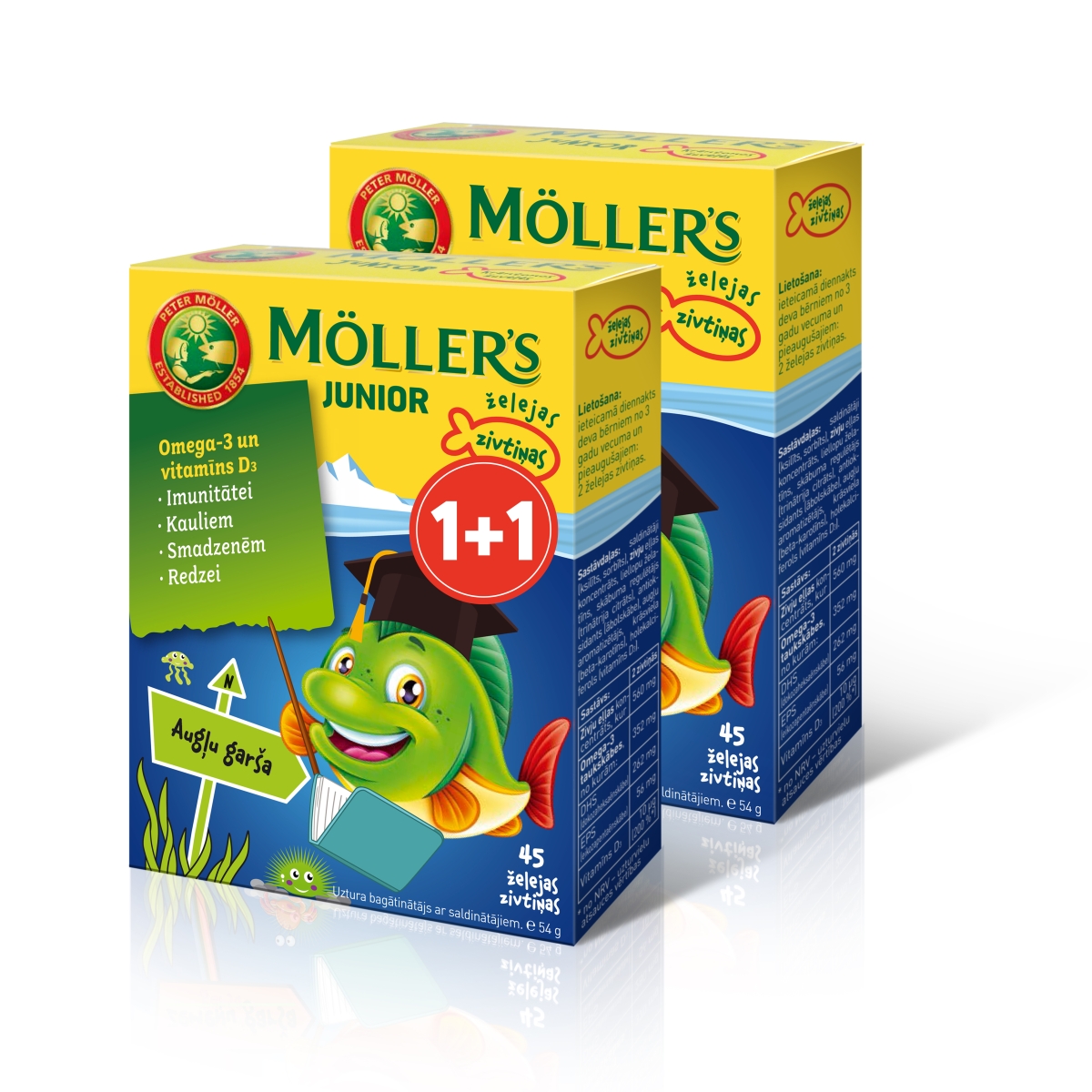 MOLLERS Junior Omega-3 zivtiņu pastilas ar augļu garšu, 45+45 gab.(1+1 - Produkta attēls