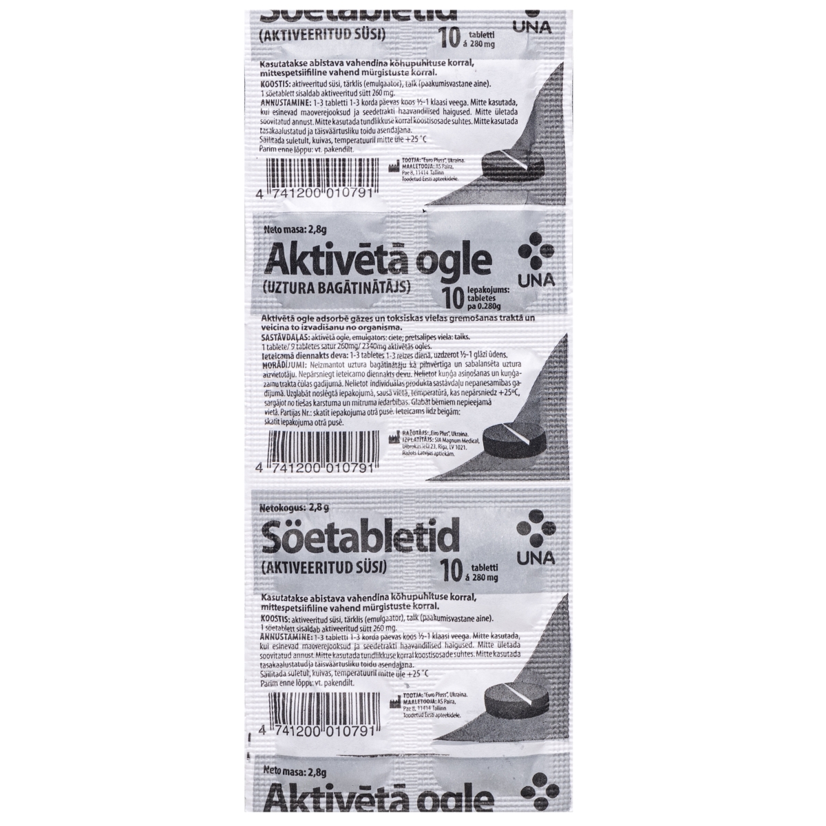 UNA aktivētā ogle 280 mg tabletes, 10 gab. - Produkta attēls