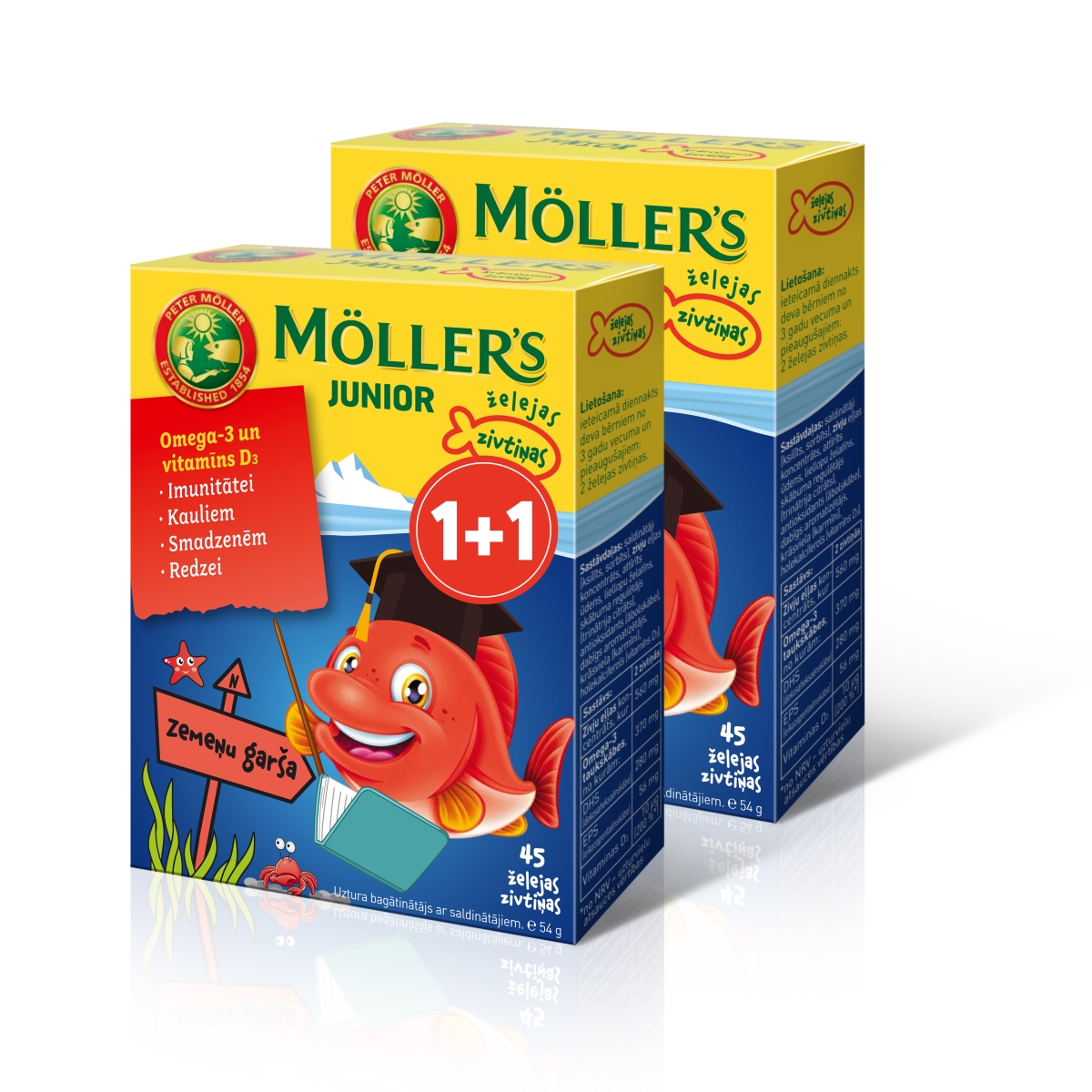 MOLLERS Junior Omega-3 zivtiņu pastilas ar zemeņu garšu, 45+45 gab.(1+