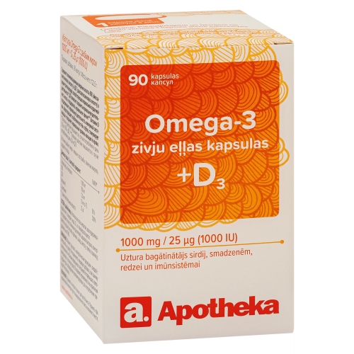 APOTHEKA Omega-3 zivju eļļa 1000 mg D3 vitamīns 1000IU kapsulas, 90 gab.