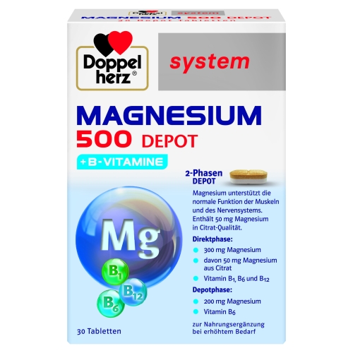 DOPPELHERZ® System Magnseium 500 Depot + B Vitamin tabletes, 30 gab.