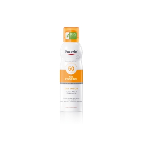 EUCERIN Sun Oil Control Dry Touch SPF50 caurspīdīgs sauļošanās aerosols ķermenim, 200 ml